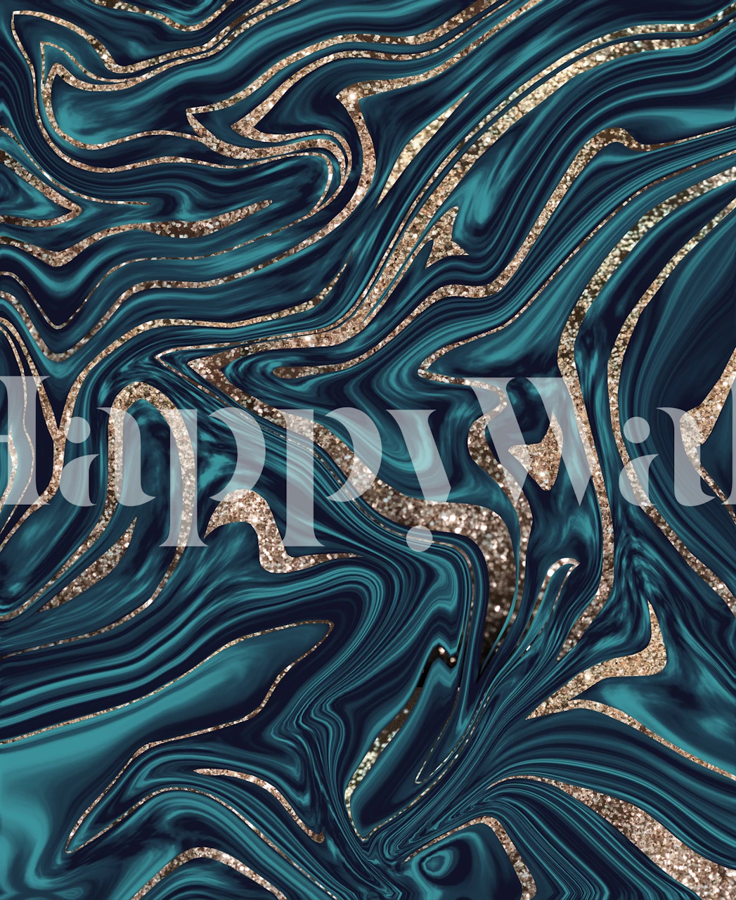 Teal and navy blue marble wallpaper with gold accents, abstract design