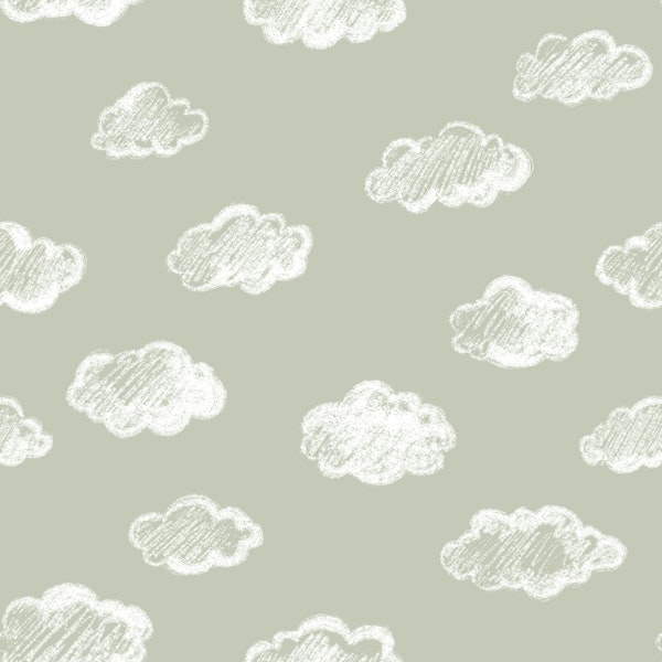 Chalk Clouds Pattern On Sage Green