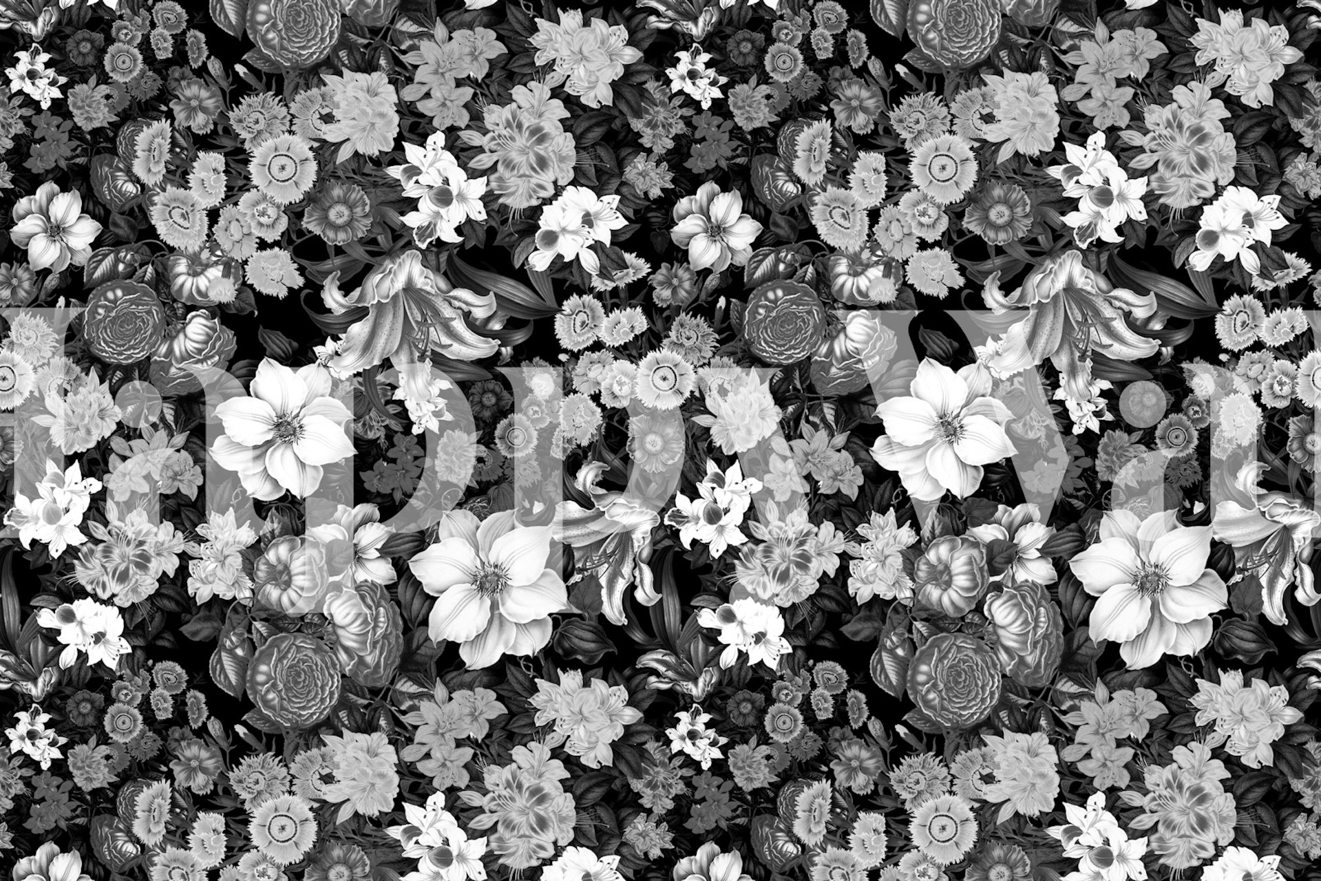 Black floral patterns with white flowers in a chic wallpaper