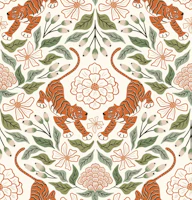 Tigers and flowers - rust and sage wallpaper