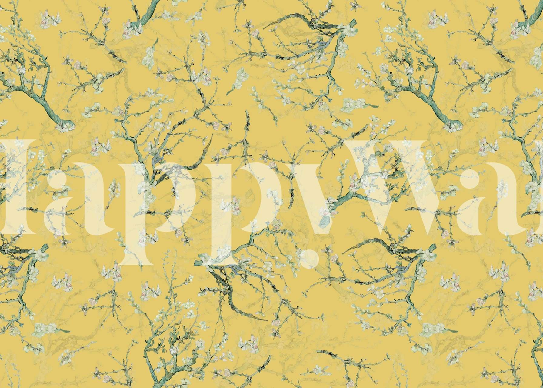 Almond blossoms on branches with a yellow background wallpaper