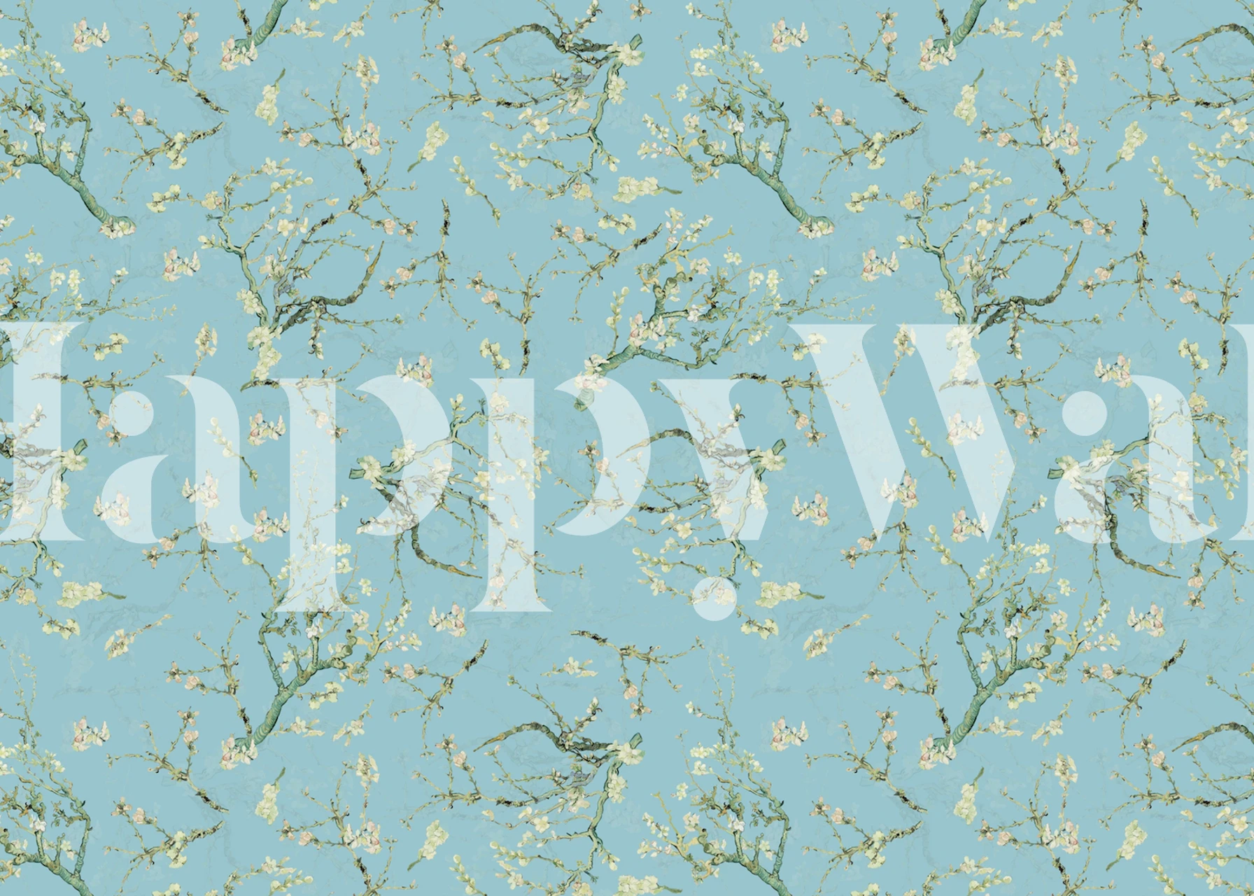 Blue floral wallpaper featuring almond blossom branches in a repeating pattern