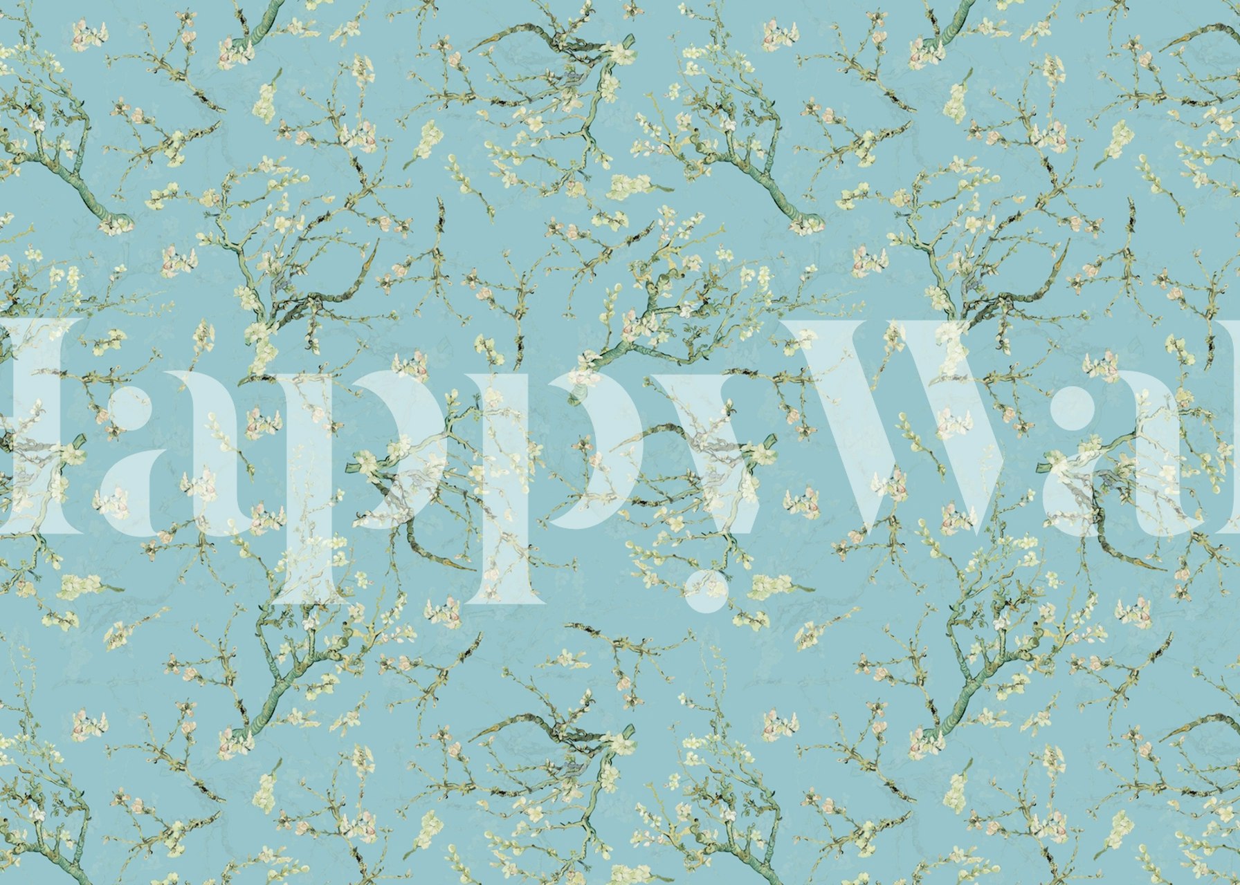 Blue floral wallpaper featuring almond blossom branches in a repeating pattern
