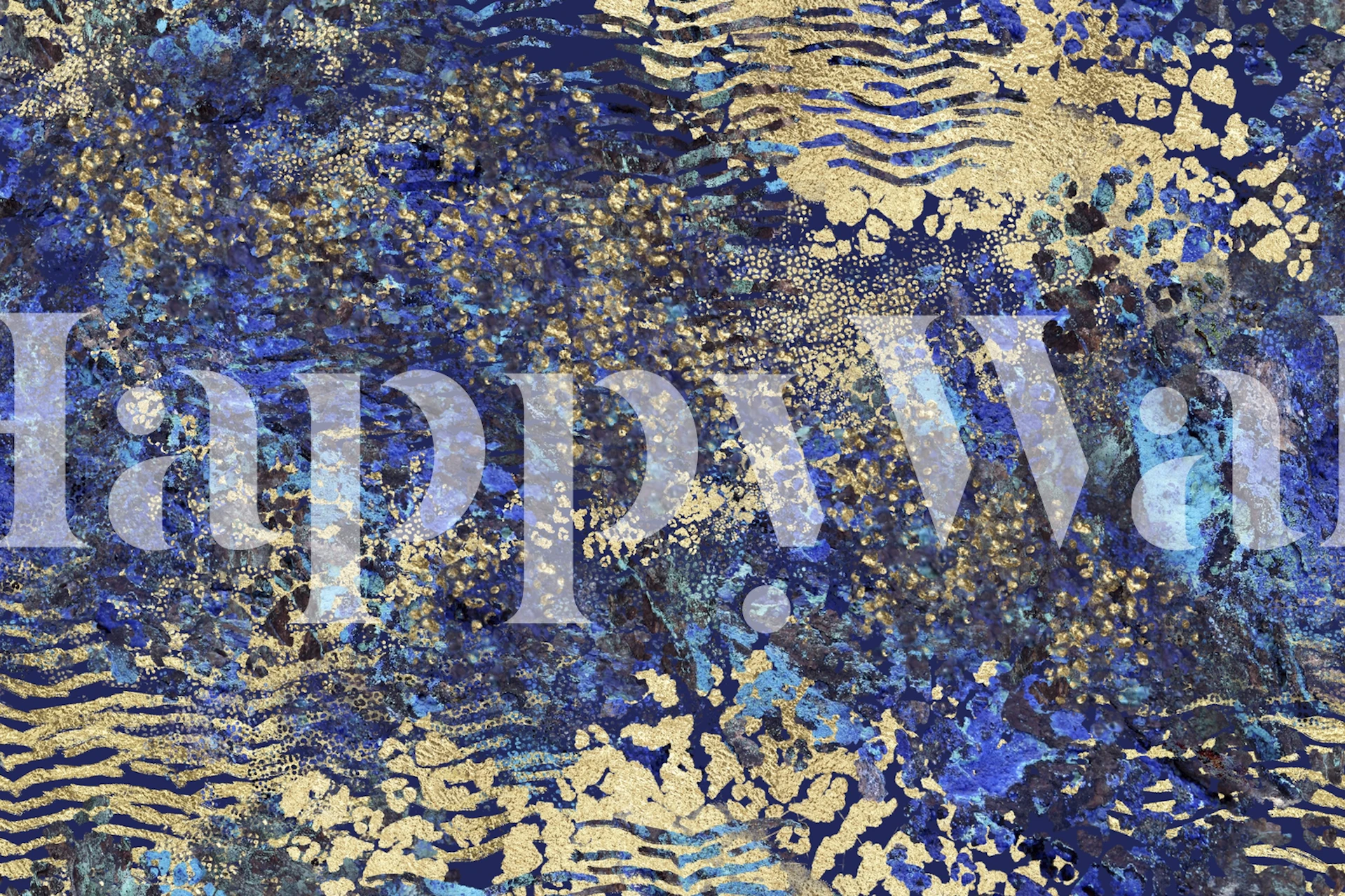 Blue and gold animal print wallpaper with abstract patterns and textures.