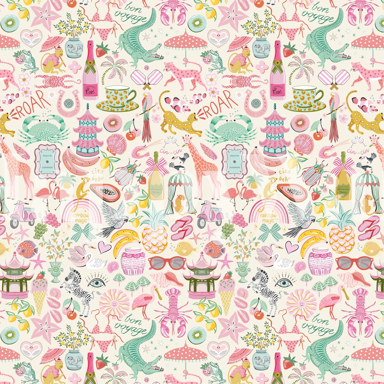 Colorful tropical collage wallpaper with animals and plants