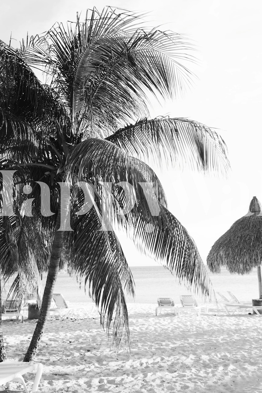 Black and white palm tree beach scene wallpaper