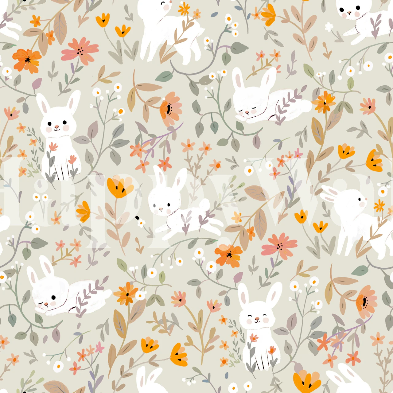 Pastel floral wallpaper with white rabbits and colorful flowers