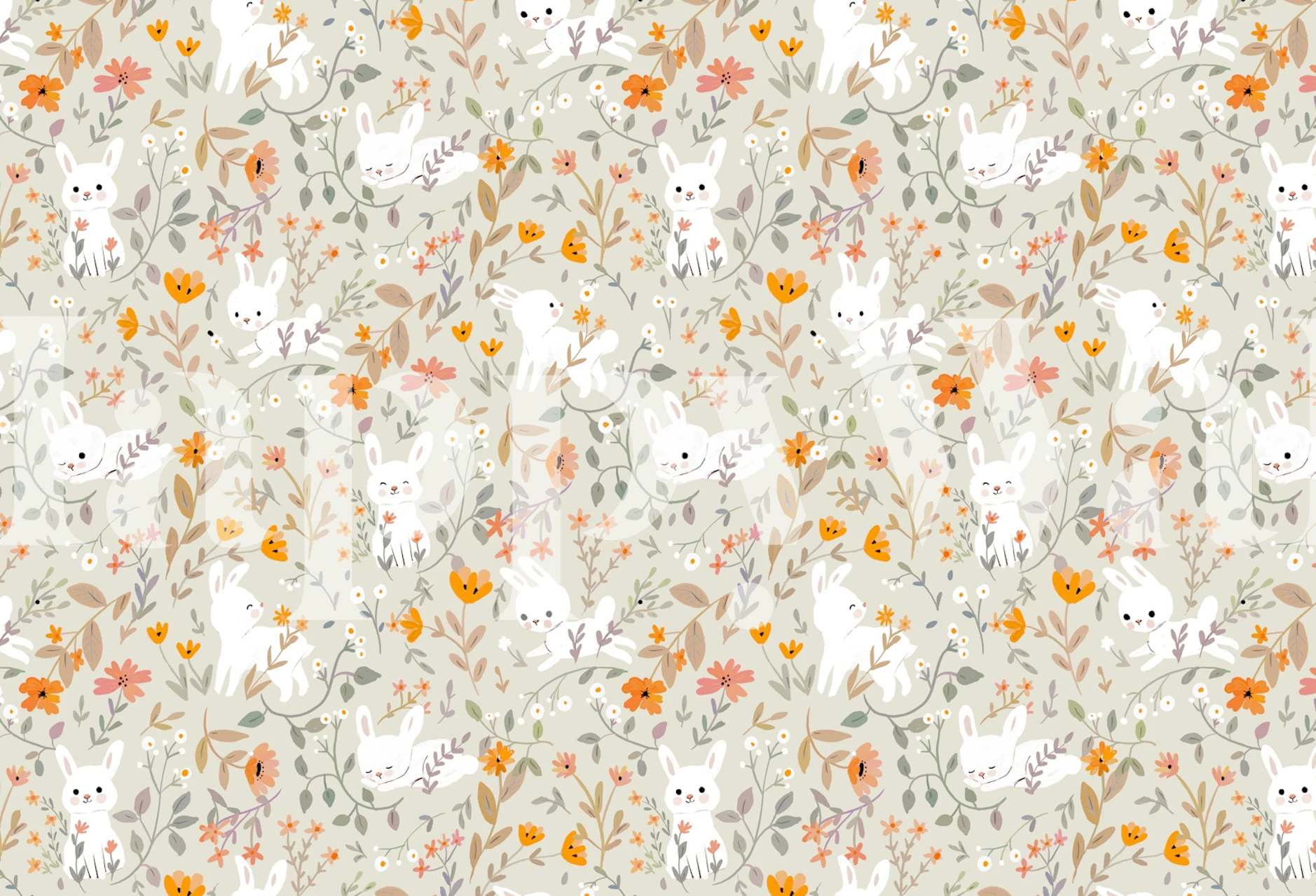 Charming floral bunny pattern in white, orange, and green wallpaper