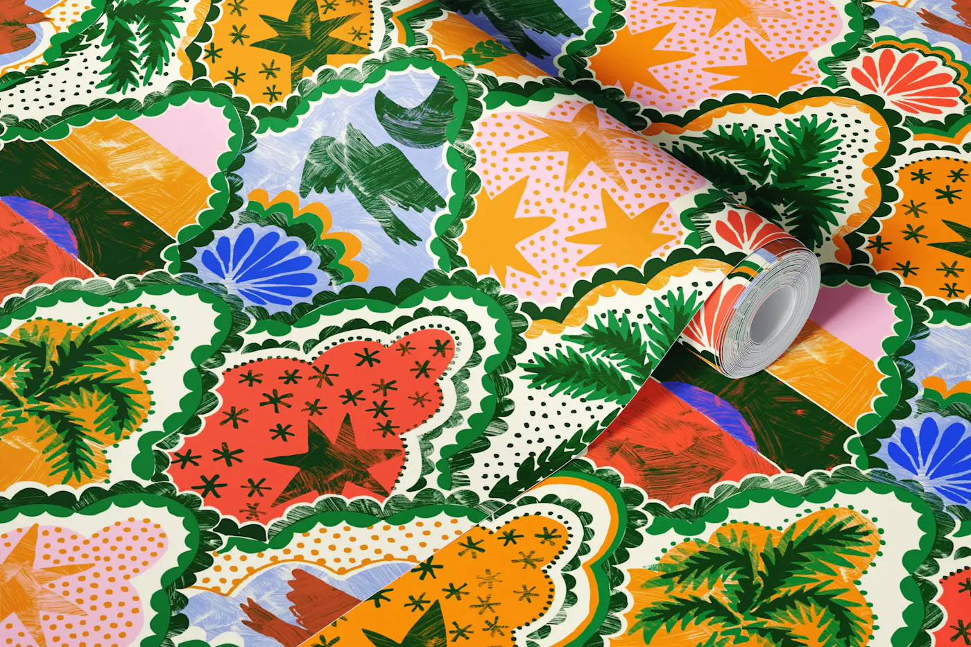 Tropical scalloped tiles wallpaper roll