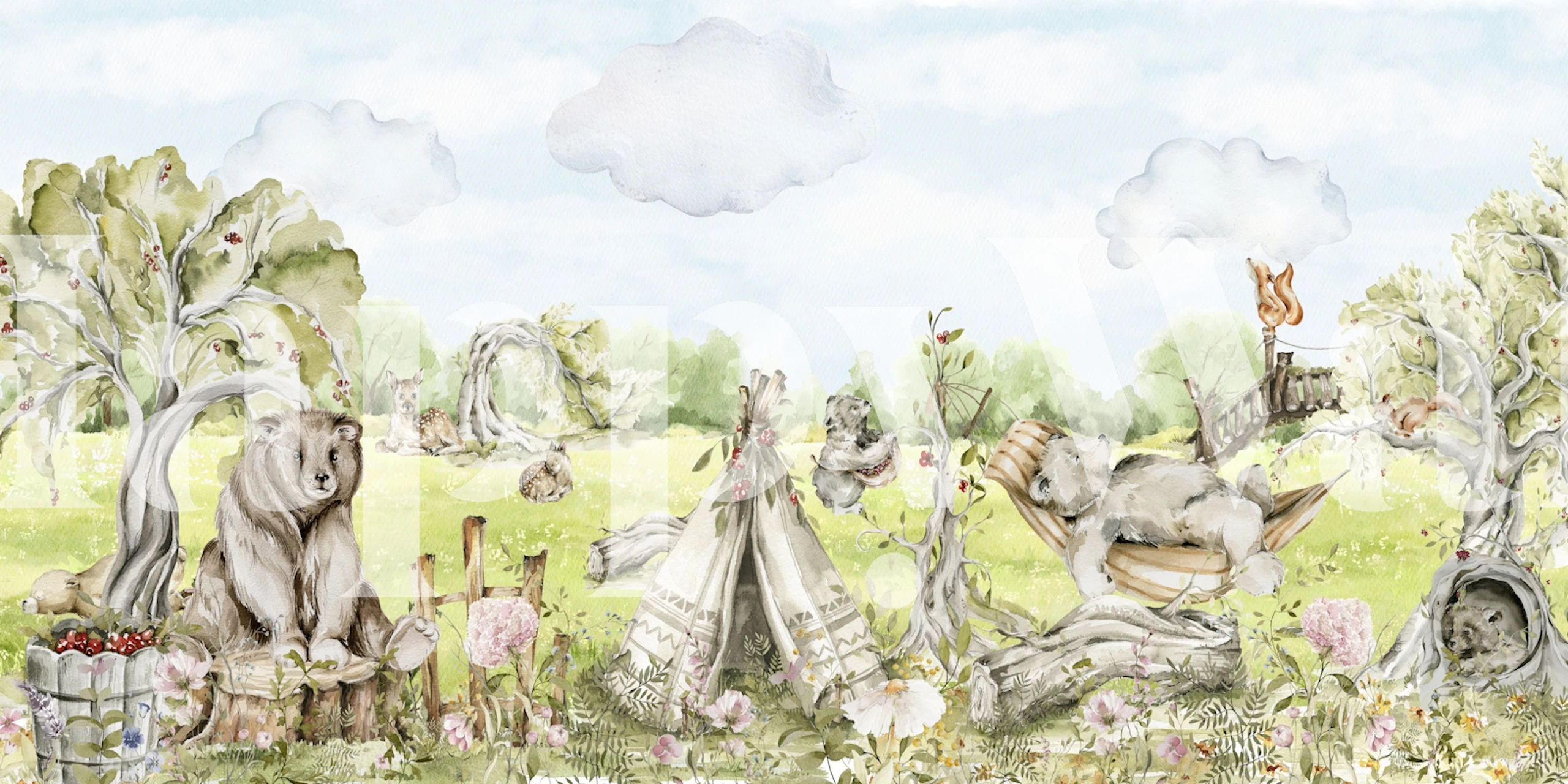 Tapeta Whimsical Bears Garden Holiday w pokoju