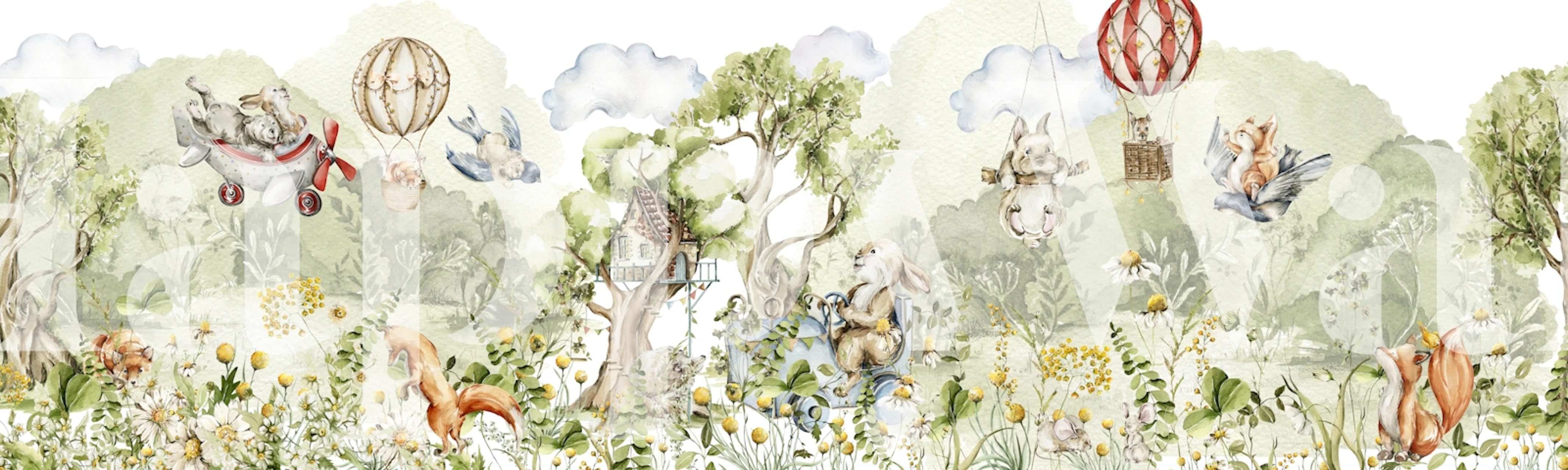 Playful woodland animals and nature elements in soft colors wallpaper