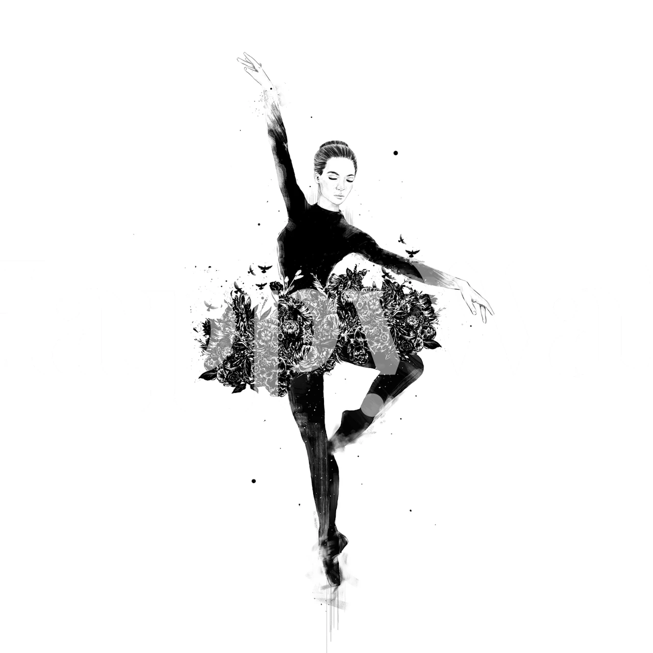 Ballet dancer with floral black skirt, black and white wallpaper