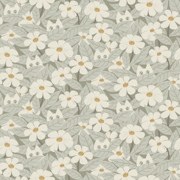 Fun Whimsical Floral Hidden Cat Neutral Gray
