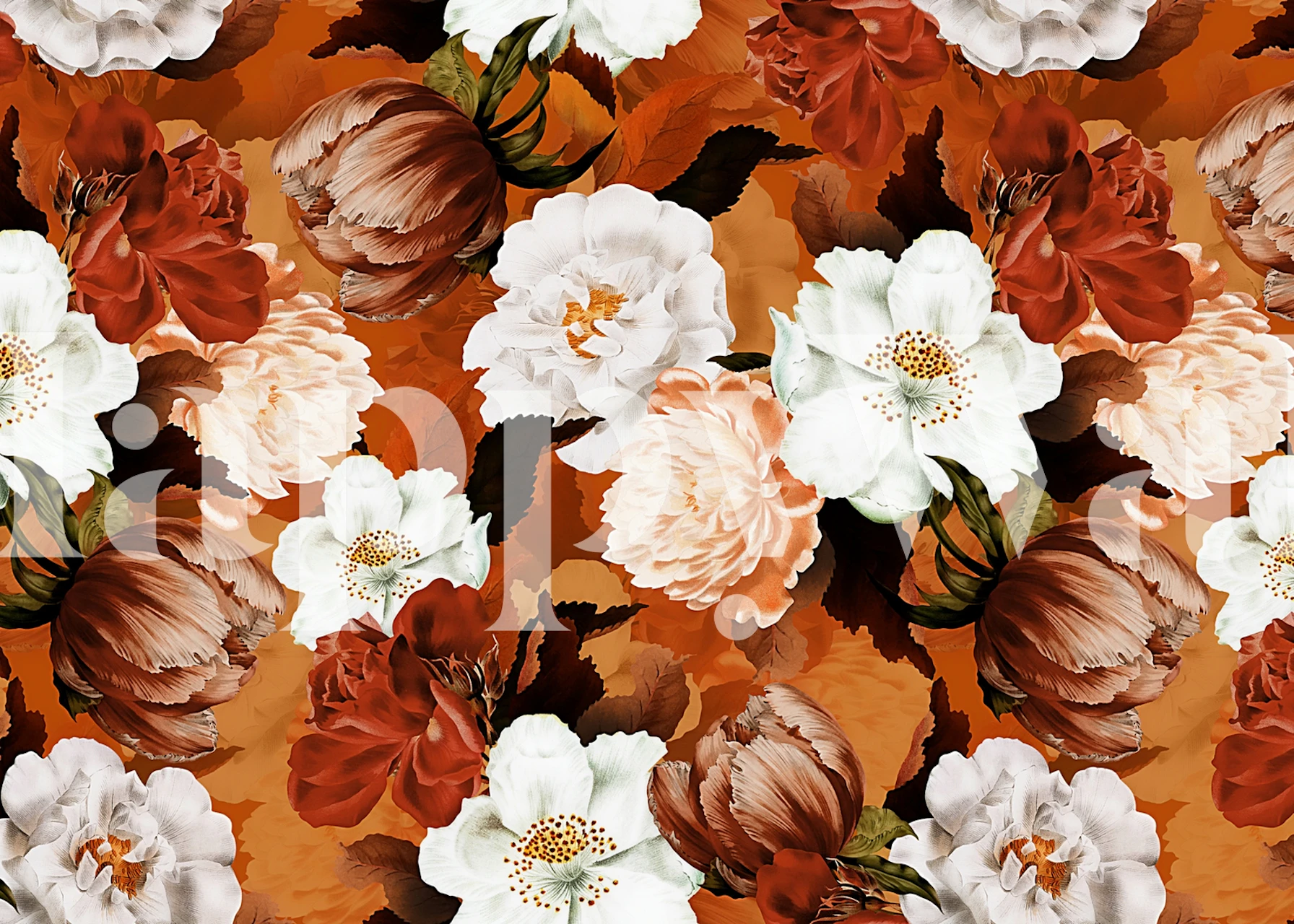 Baroque style floral pattern wall mural with gold accents on a dark background