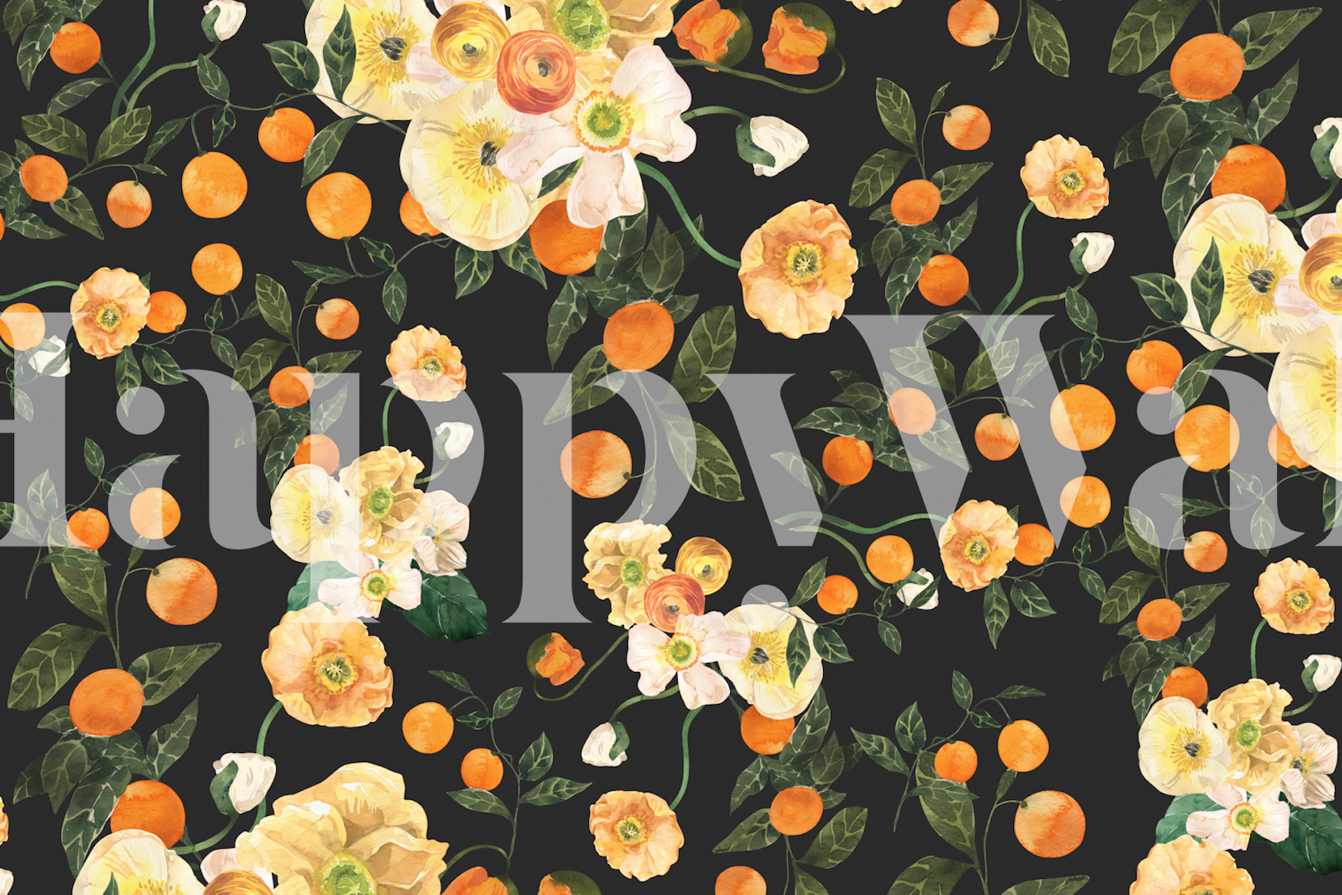 Floral wallpaper with oranges on a dark background