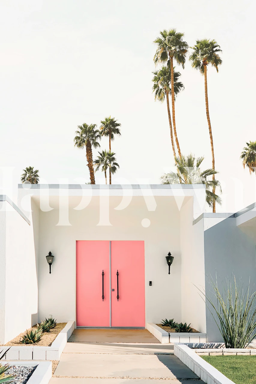 Palm Springs 3 tapet som viser rosa dører og palmer