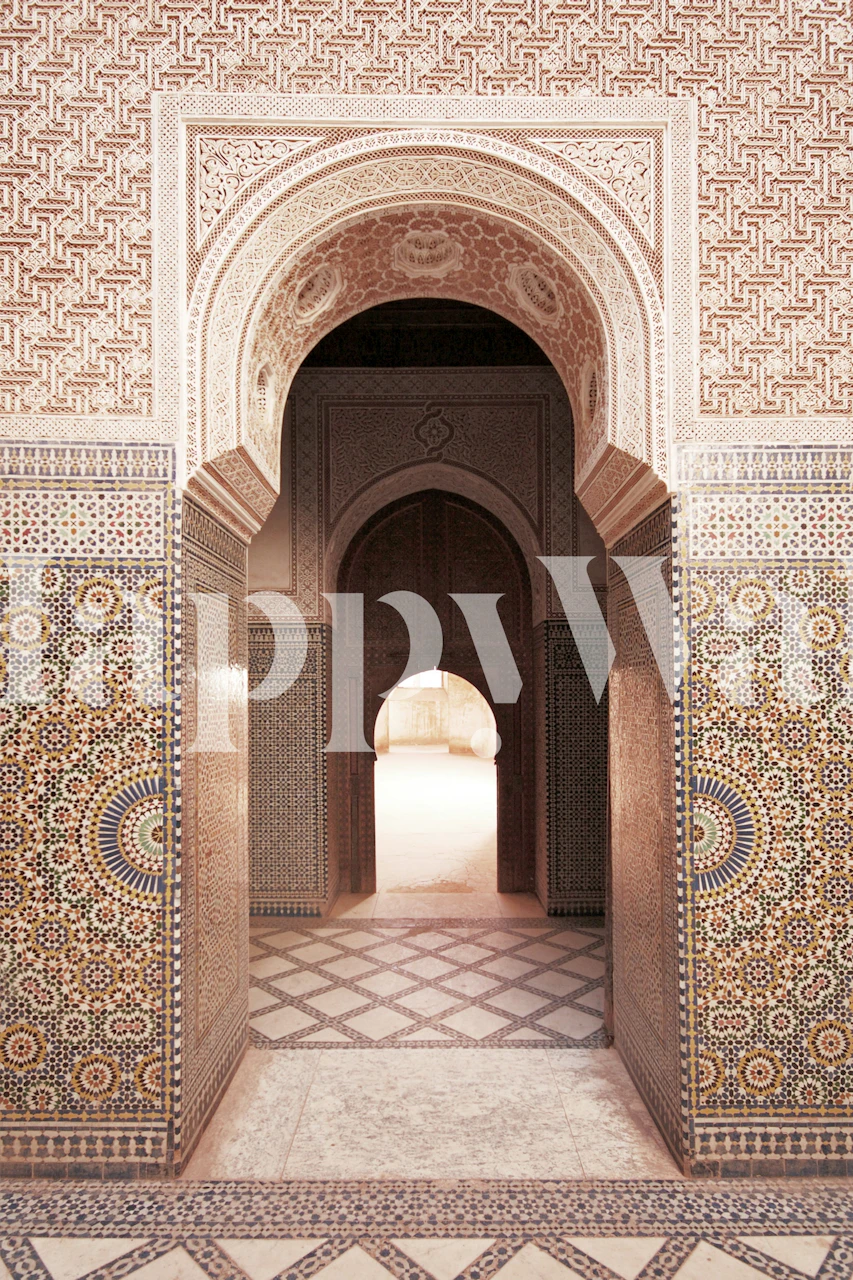 Intricate geometric patterns in brown, cream, and blue tones wallpaper