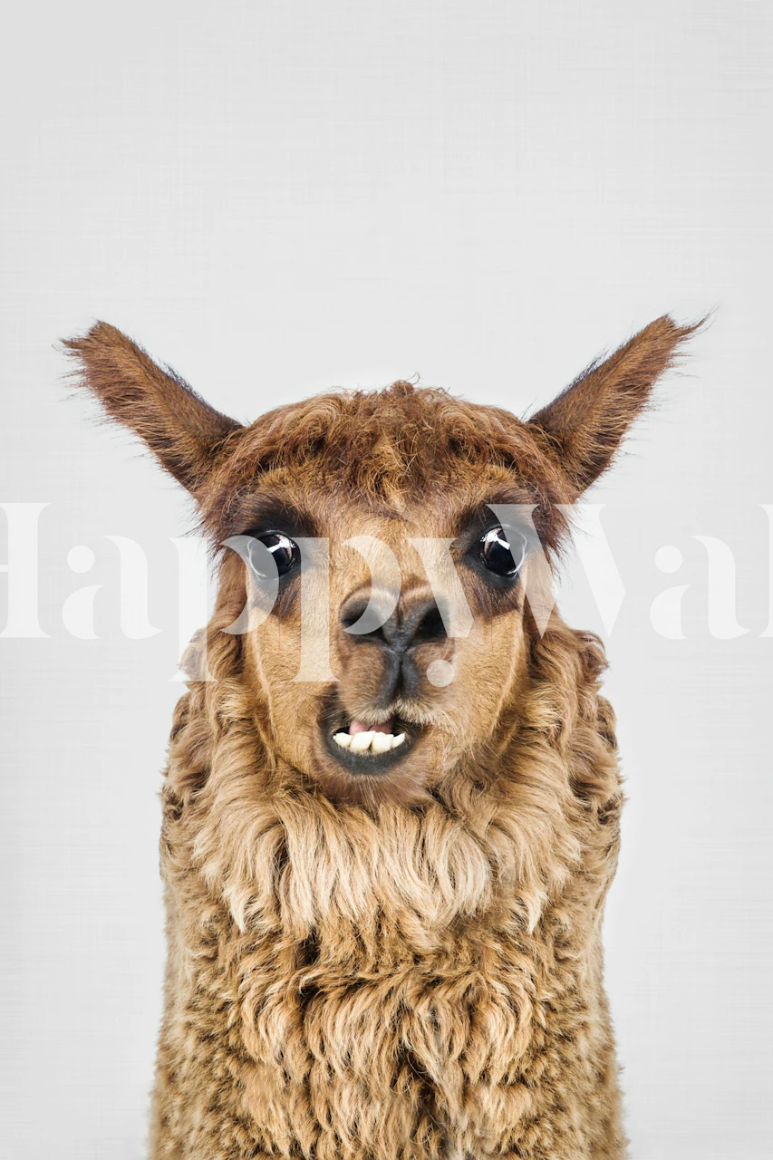 Cute alpaca face, brown fur, neutral background wallpaper
