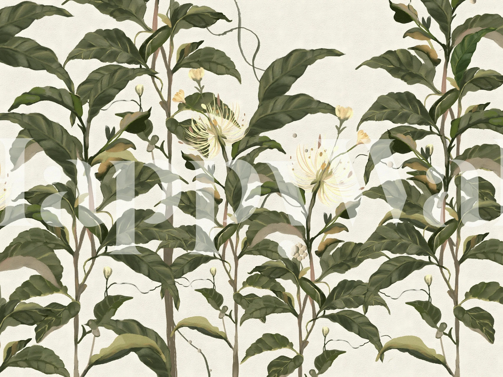 Green leaves with cream background vintage botanical wallpaper