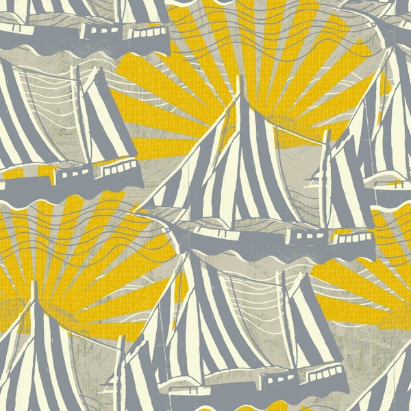 Sailboat and sunrise yellow gray