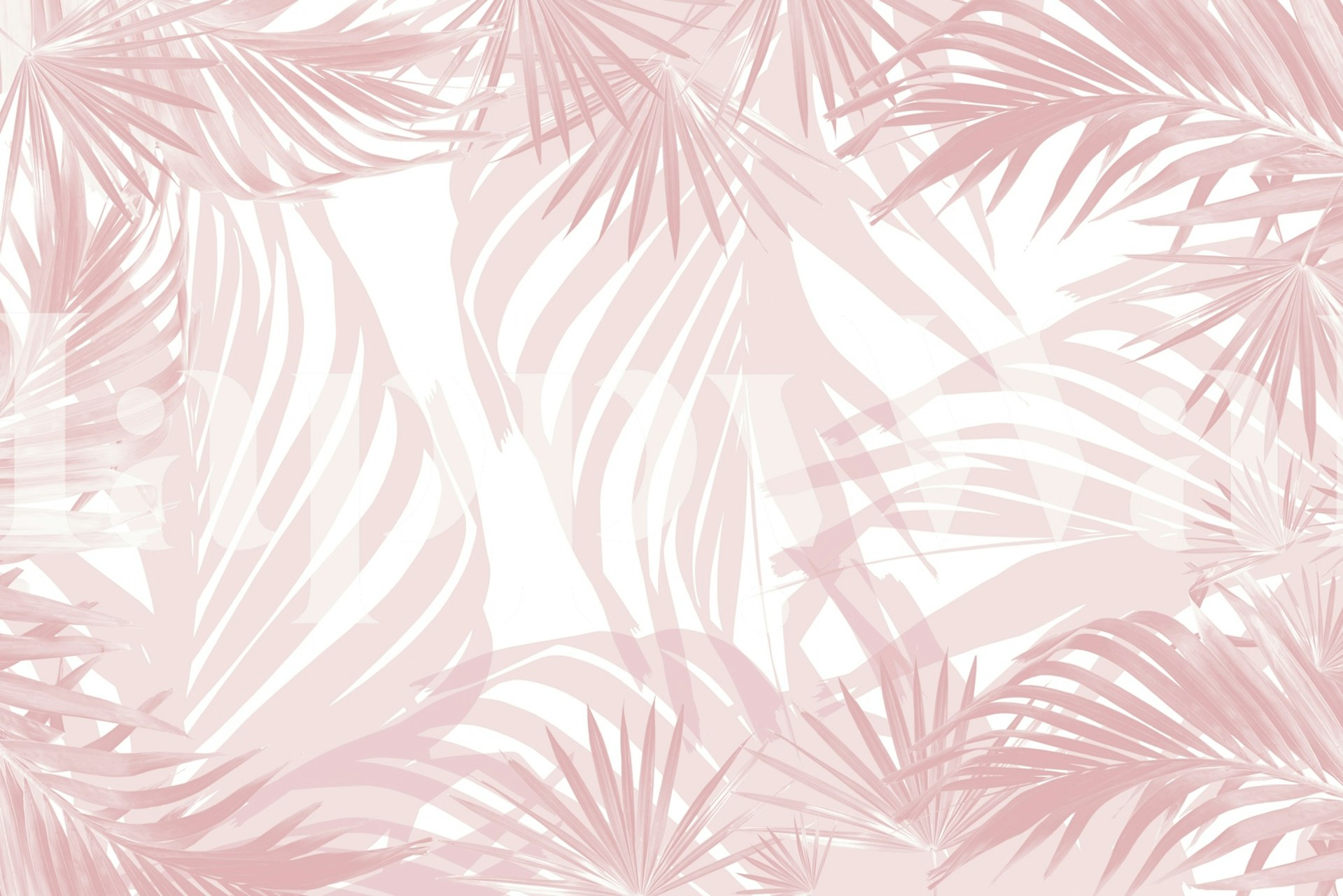Tropical palm leaves in blush pink on white wallpaper