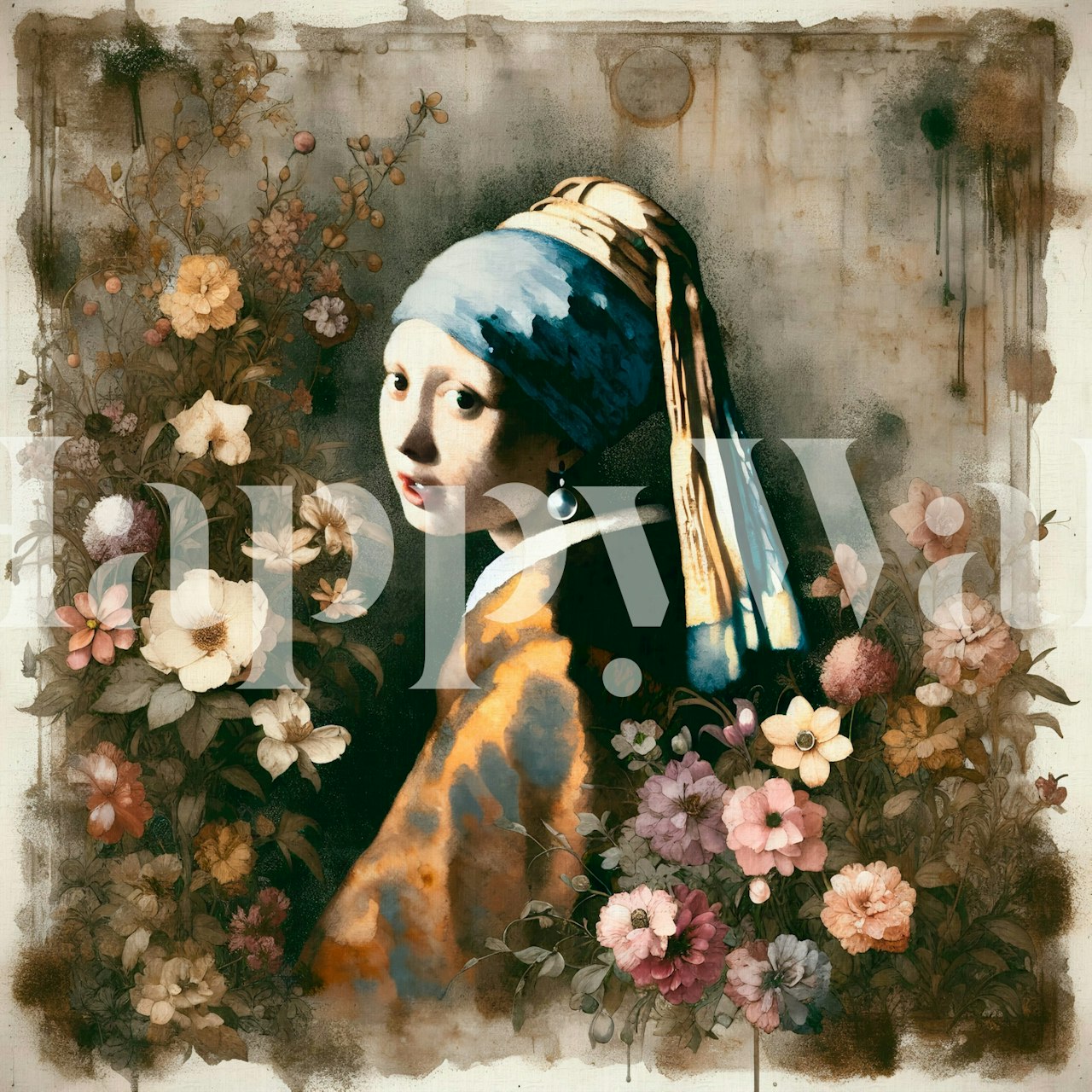 Floral Girl with a Pearl Earring wallpaper design