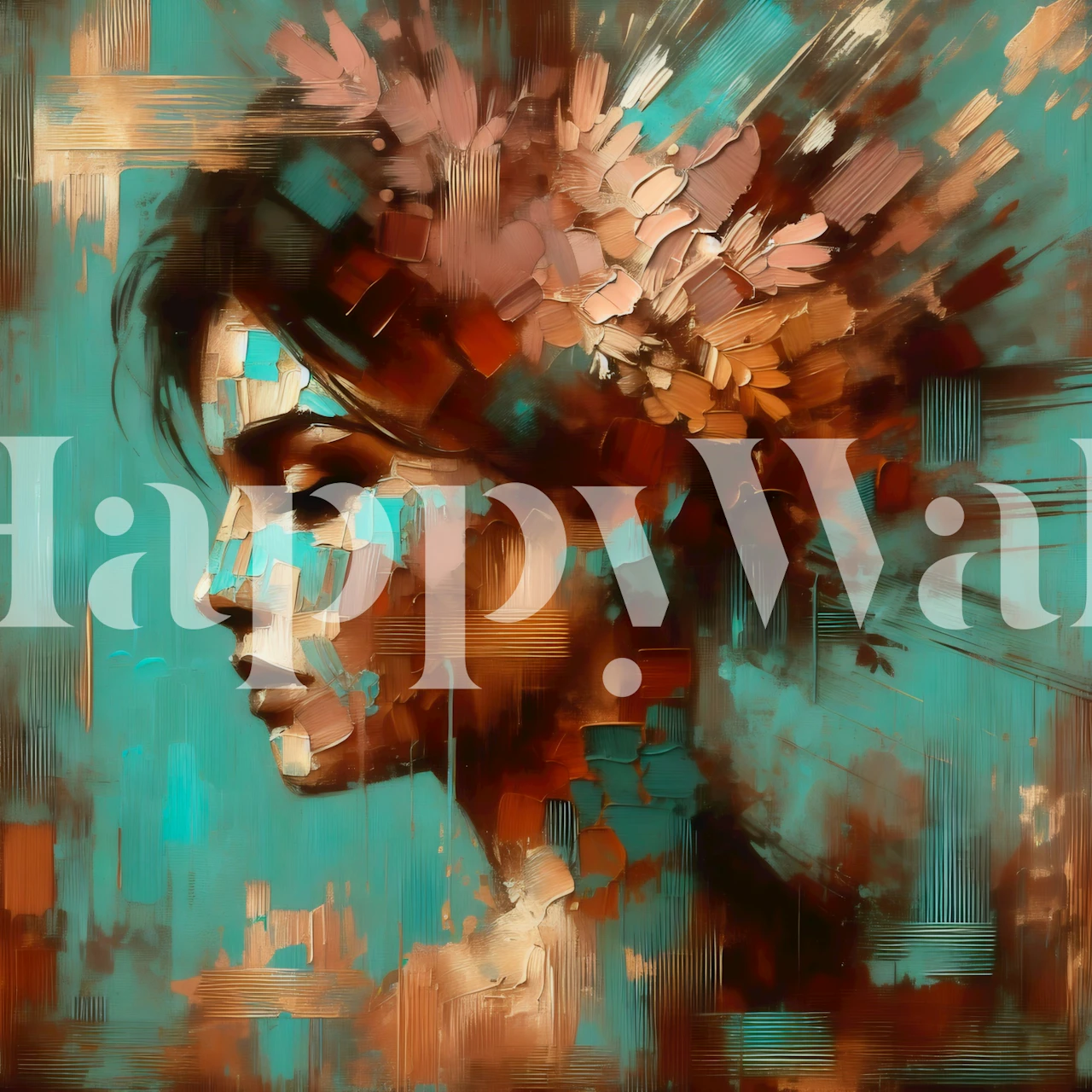 Surreal floral portrait wallpaper in a modern room