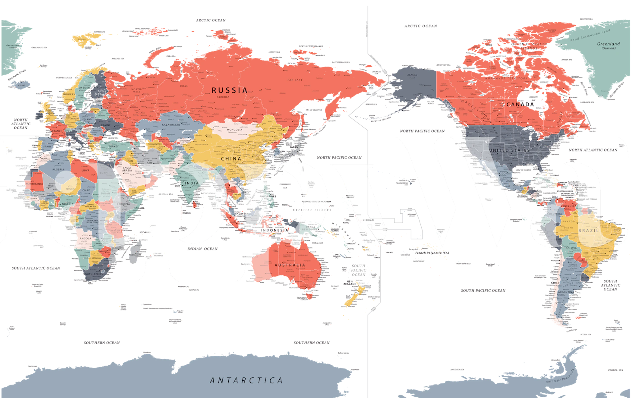 Papel de parede Pacific Centred World Map exibido em uma sala