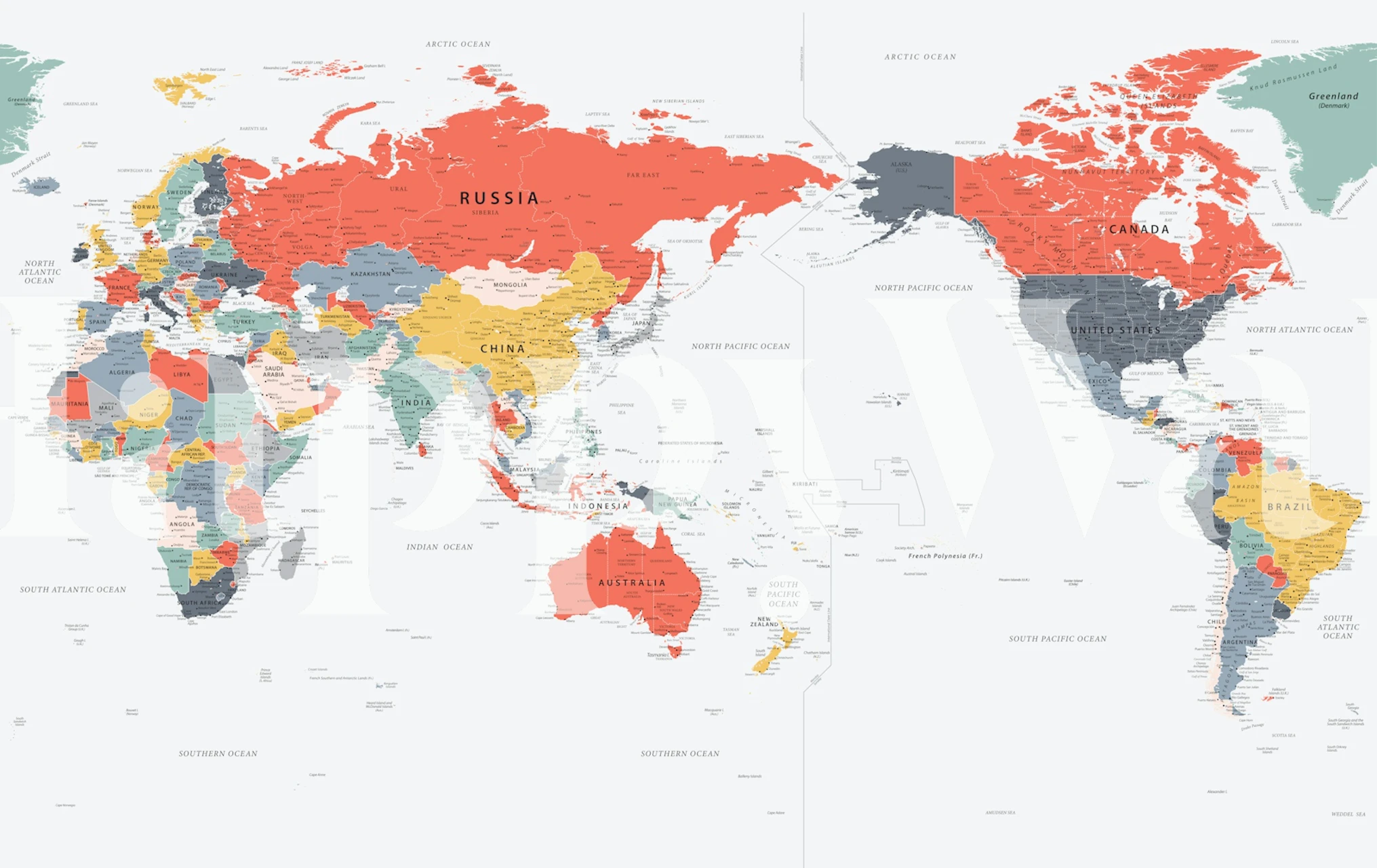 Pacific Centred World Map tapet vist i et rom