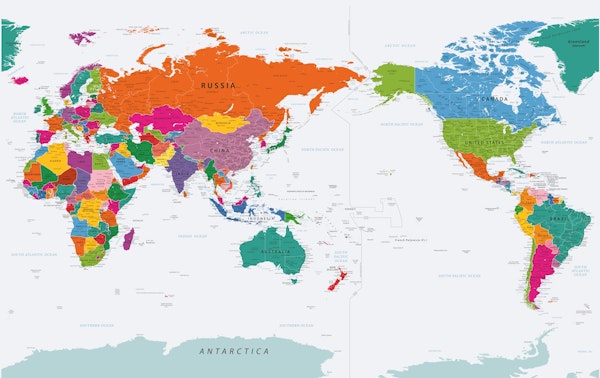 Pacific Centred World Map in Fun Colours