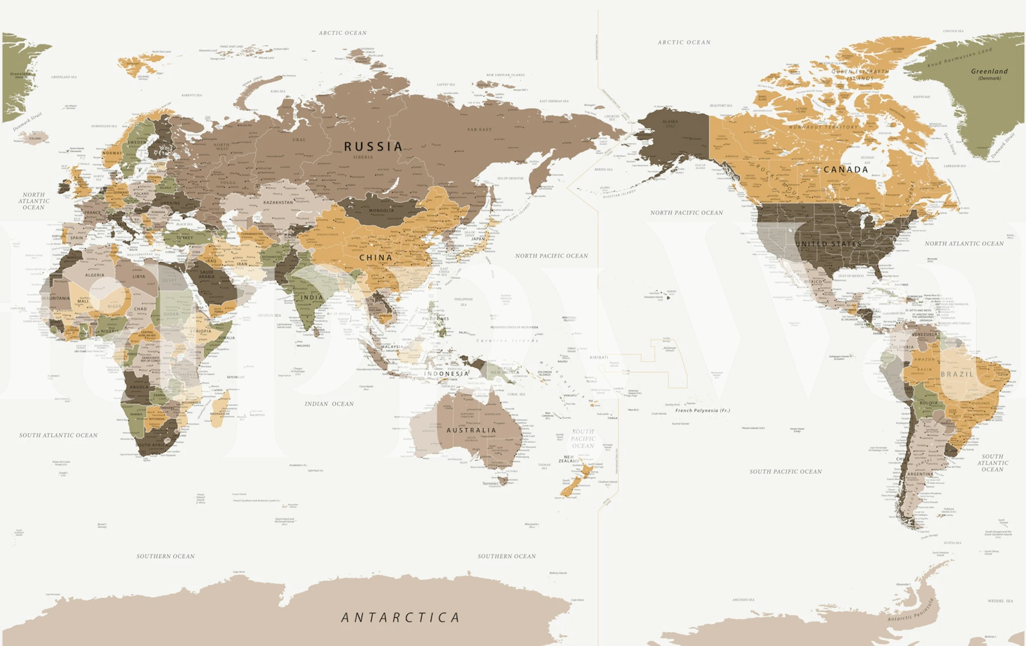World map with earthy tones and detailed country outlines wallpaper