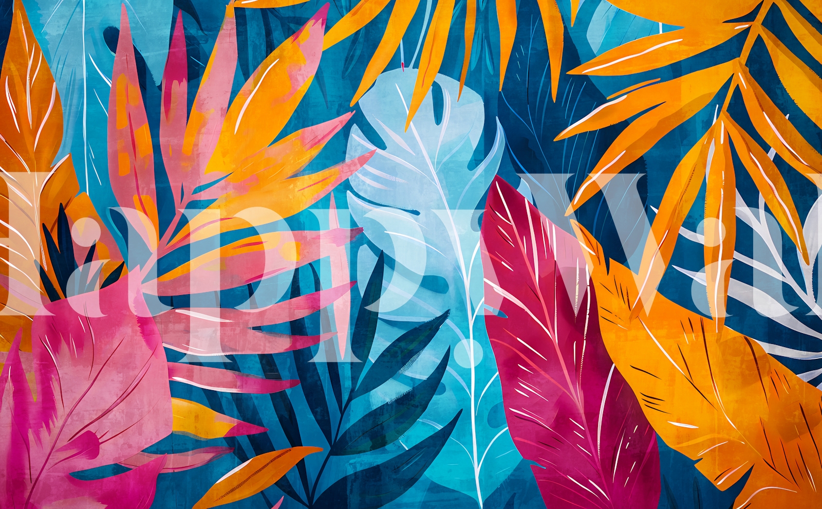 Tropical Foliage Blue and Orange Wallpaper