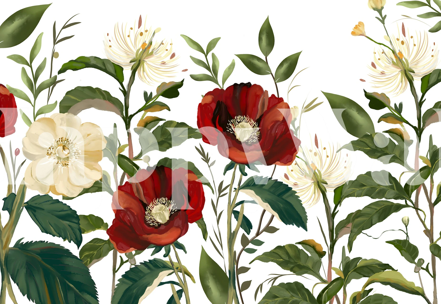 Blooming Red and White Florals wallpaper in a room