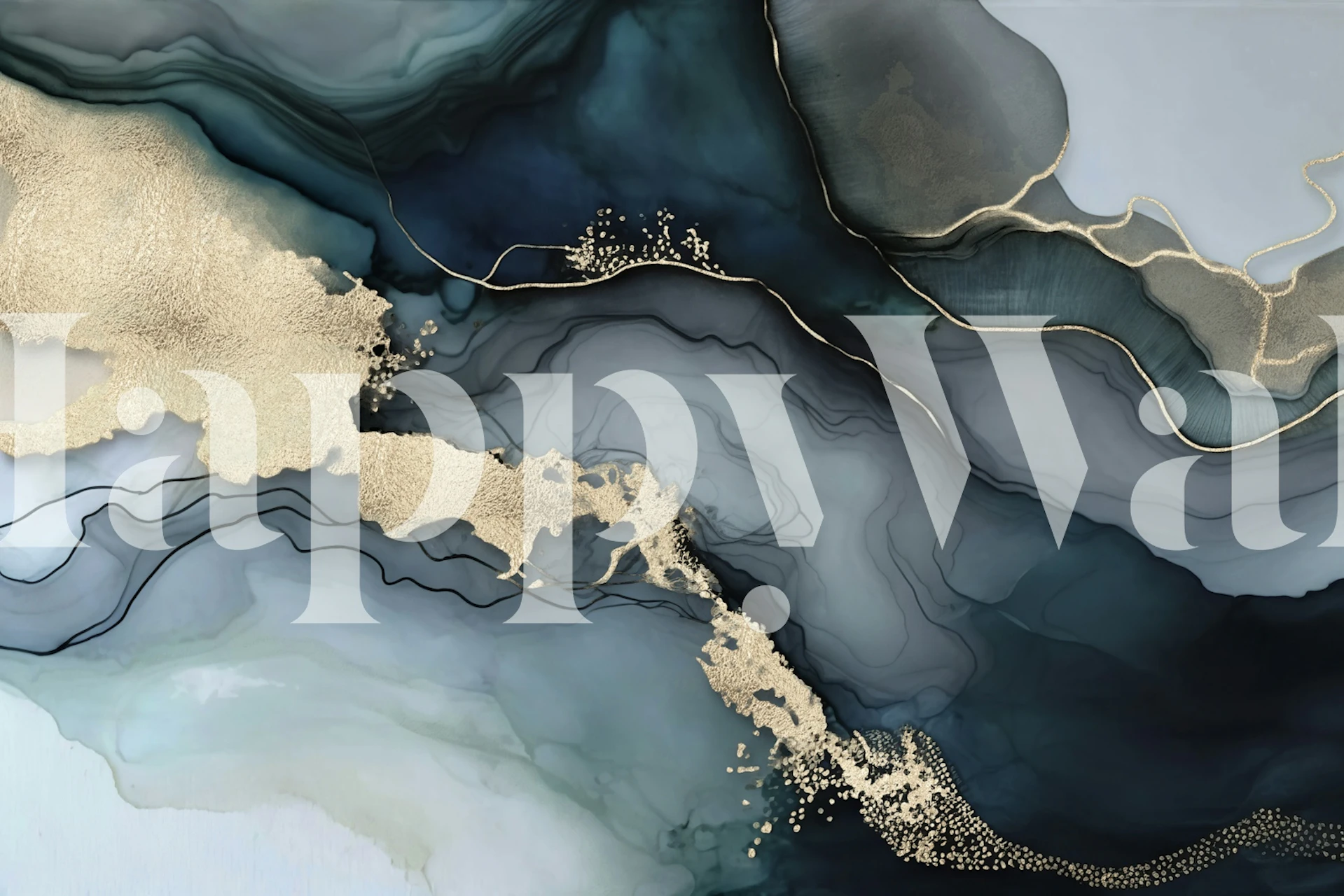 Tapeta Moody Marbled Ink Teal Blue Gold v místnosti