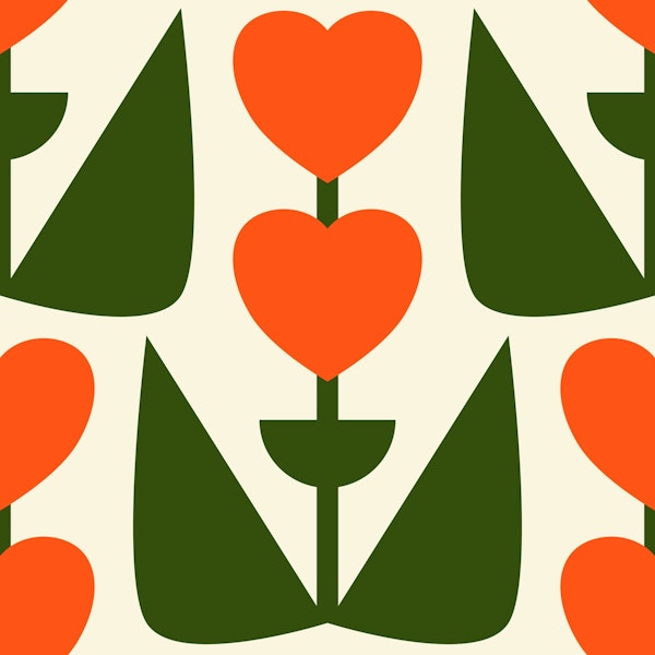 Retro Heart Flowers Orange Green