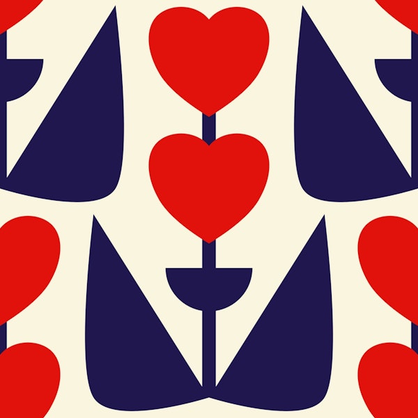 Retro Heart Flowers Navy Red