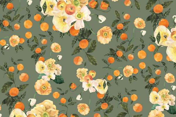 Lucid Blooms with Oranges on Dark Sage