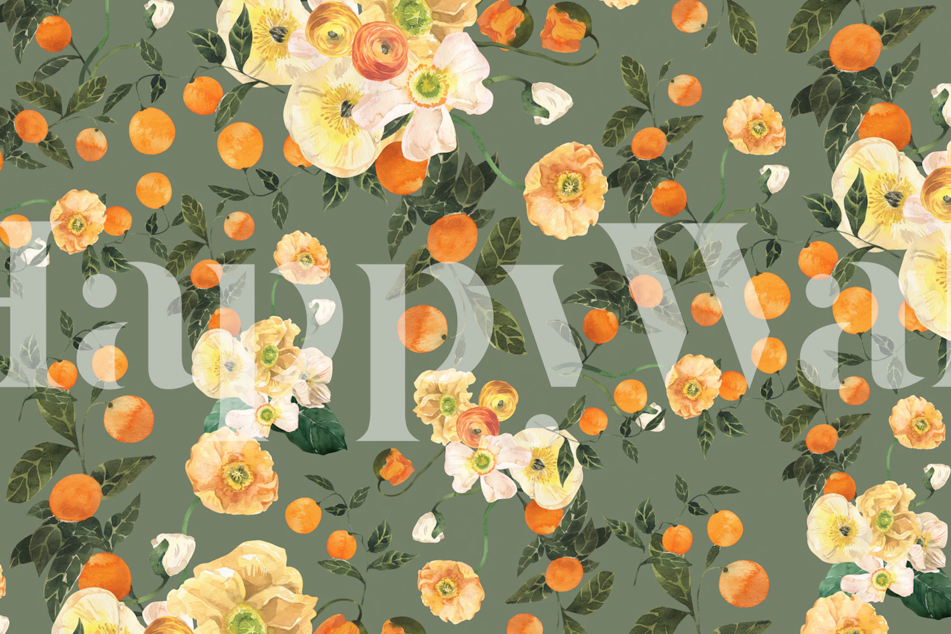 Floral tapetdesign med Lucid Blooms with Oranges on Dark Sage