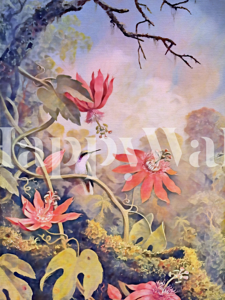 Vibrant pink flowers and green vines in a tropical wallpaper