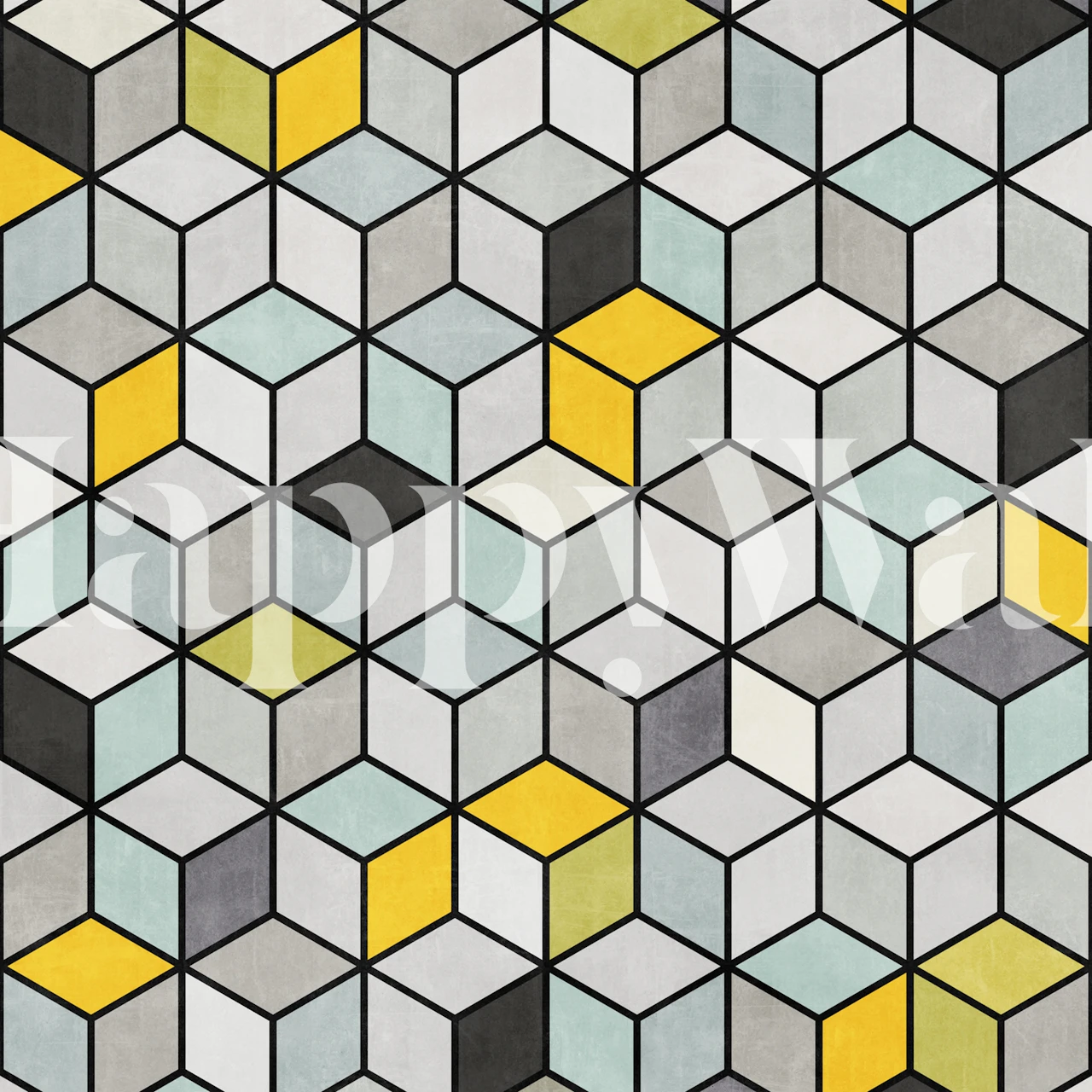 Colorful geometric cube pattern in yellow, grey, teal wallpaper