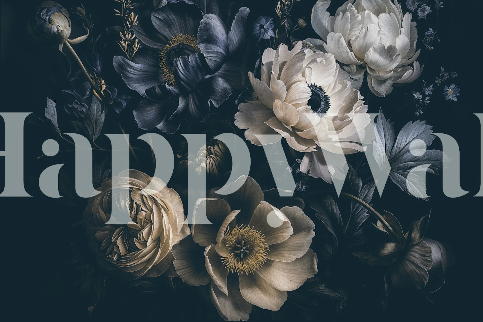 Floral wallpaper in blue and beige tones