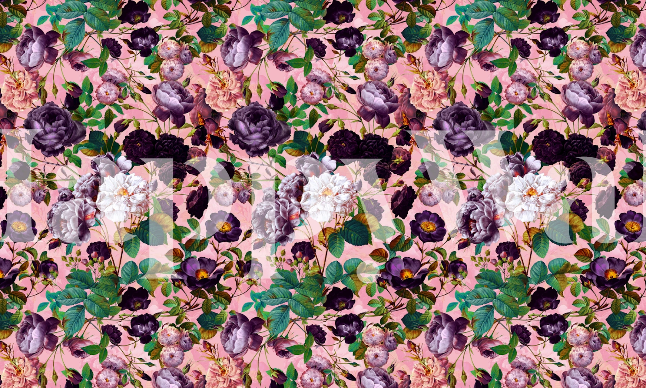 Bright floral patterns with roses and green leaves on pink wallpaper