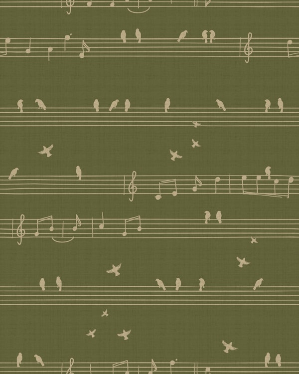 Musical birds texture large – green and beige