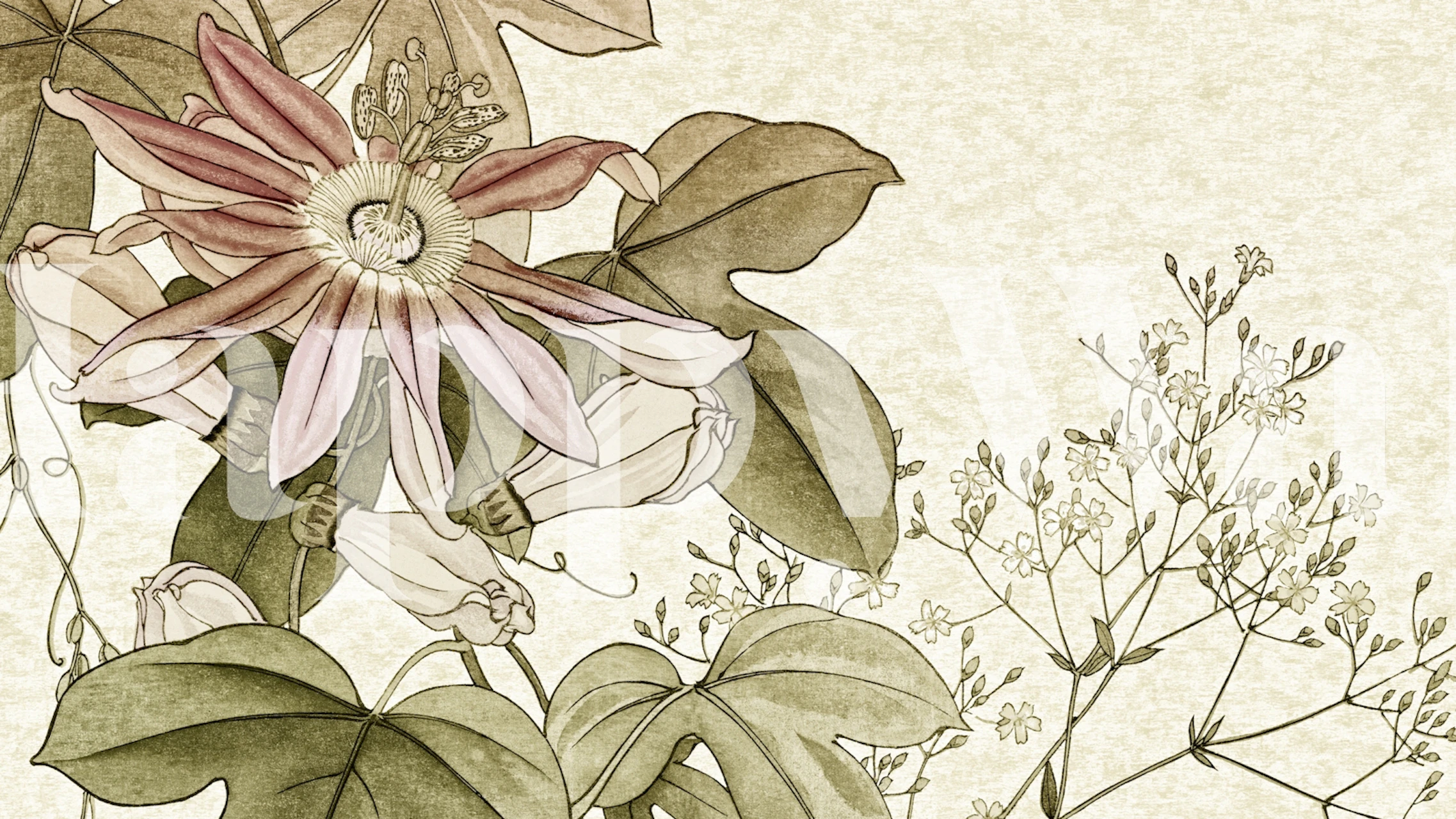 Floral design with pink and green leaves on beige background wallpaper