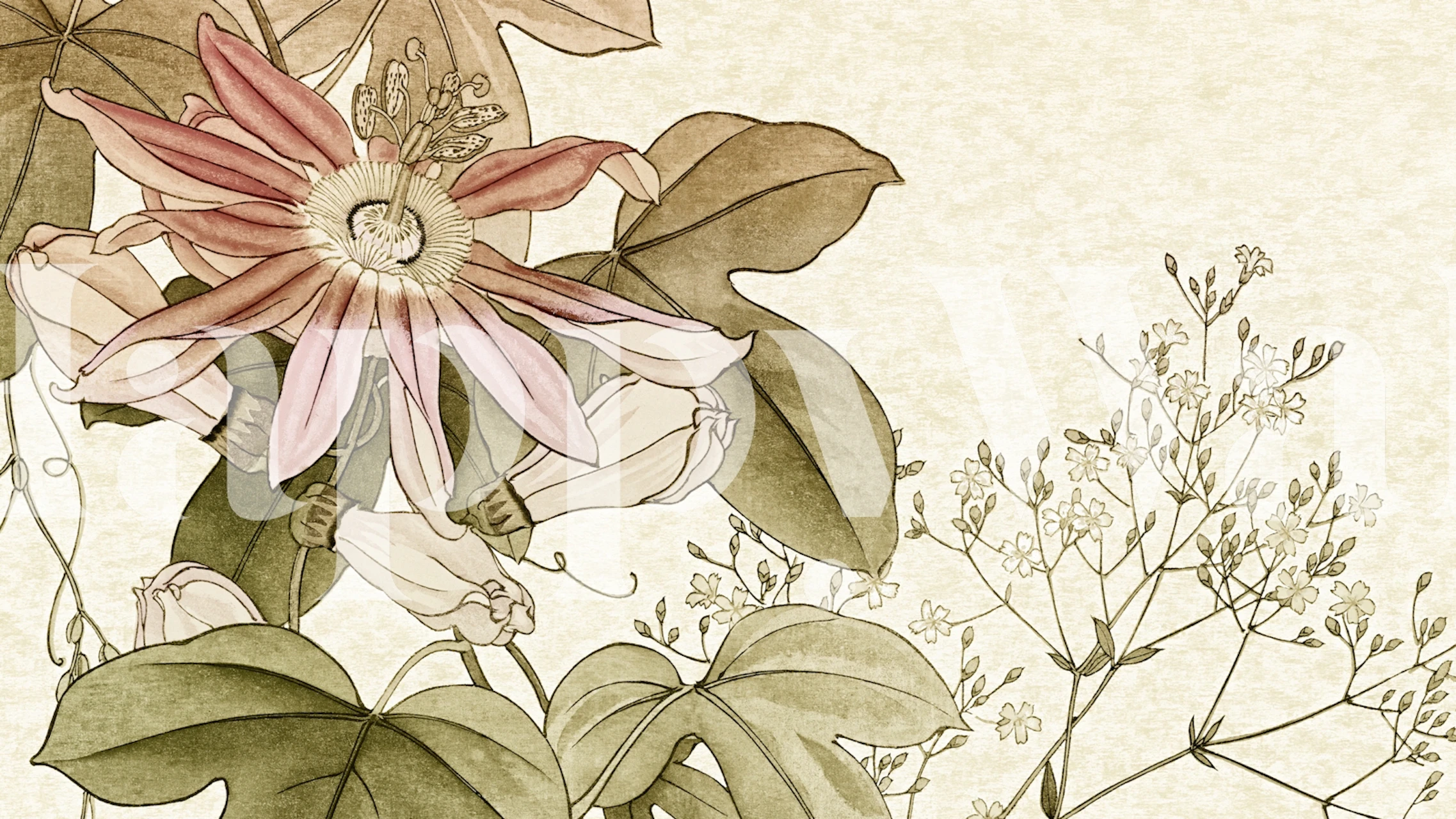 Botanisk blomstrete tapet i et mykt beige rom