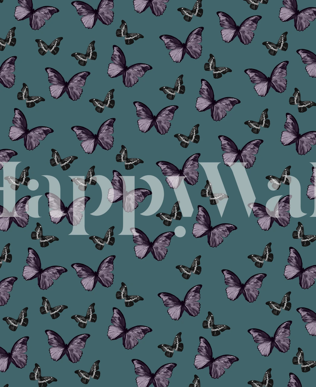 Teal and lavender butterflies scattered on a teal background wallpaper