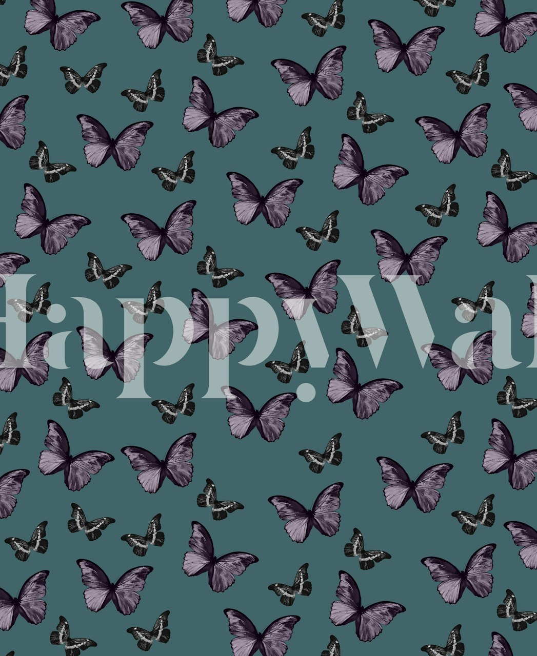 Teal and lavender butterflies scattered on a teal background wallpaper