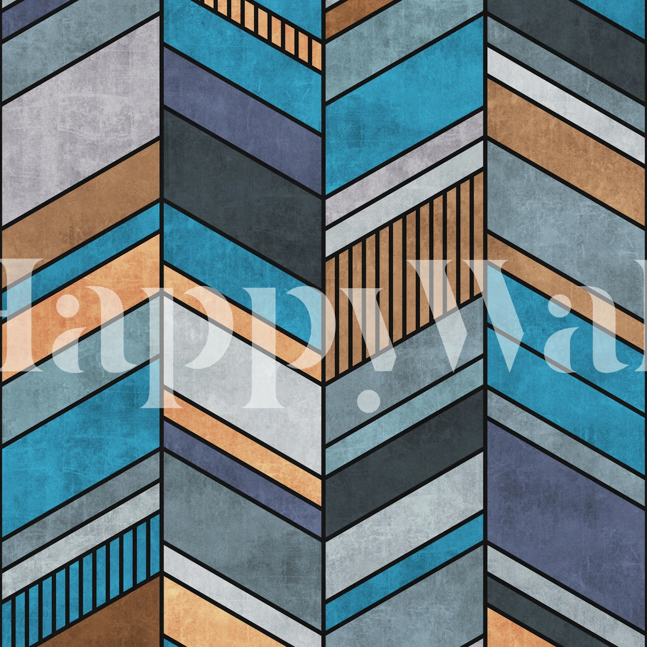 Fotomural colorido con estampado de chevrones y tonos azules, grises y tierra