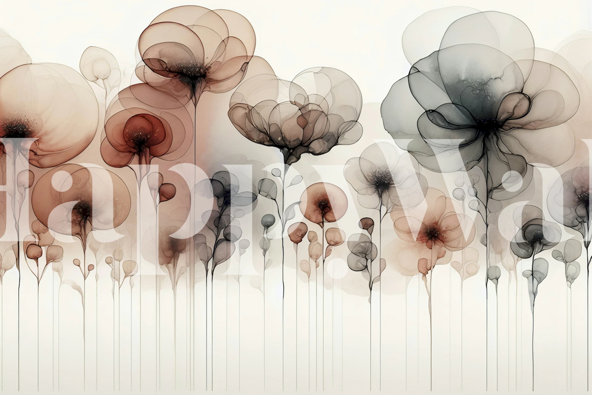 Translucent floral wallpaper featuring soft brown and black flowers with delicate stems