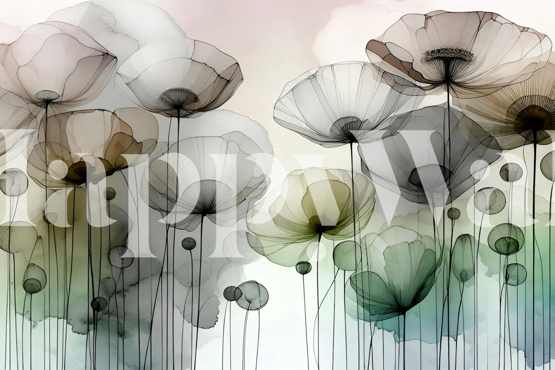 Ink Wash Flower Field tapet i et rom